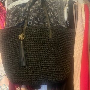 Ralph Lauren Double RL Black Knit Tote with Tassel